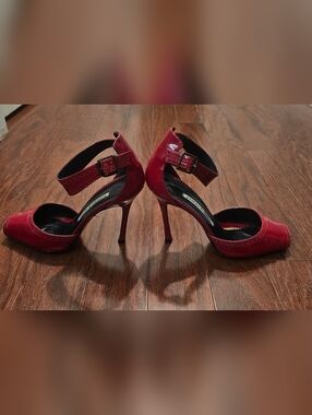 Manolo Blahnik Red Patent Buckle Ankle-Strap Stilettos